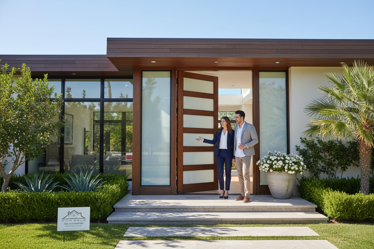 Real estate agent showing a property to clients